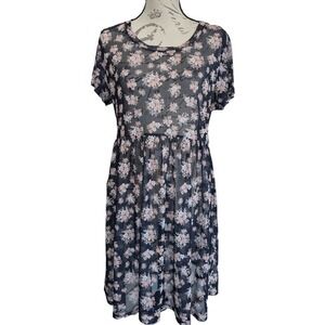 NWOT Ultra Flirt Women's Black Floral Mesh Overlay Short Sleeve Mini Dress Large